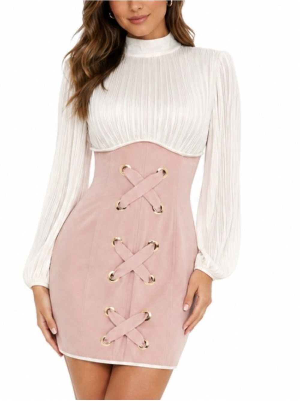 L'ATISTE by Amy White Pleated Corset Pink Lace-Up Drop-Waist Mini Dress - Small